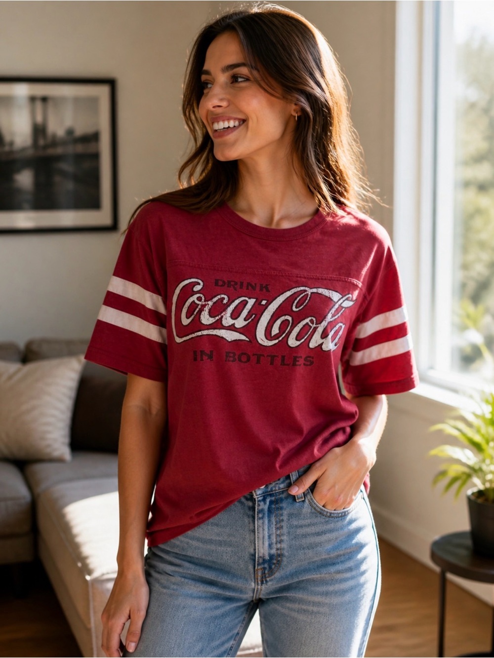 Coca Cola Red Graphic Short Sleeve Tee with White Sleeve Stripes